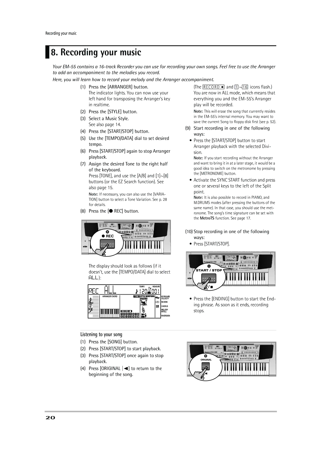 Roland EM-55 owner manual Recording your music, Listening to your song, Start recording in one of the following ways, Sion 