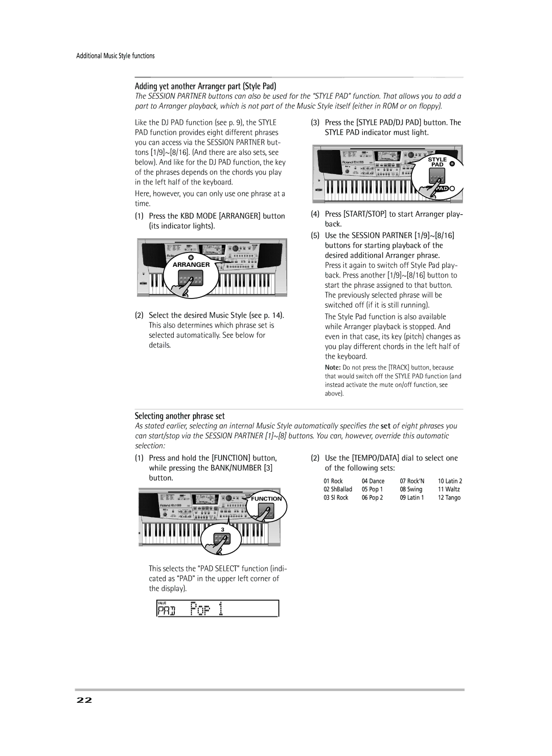 Roland EM-55 owner manual Value Pop, Adding yet another Arranger part Style Pad, Selecting another phrase set 