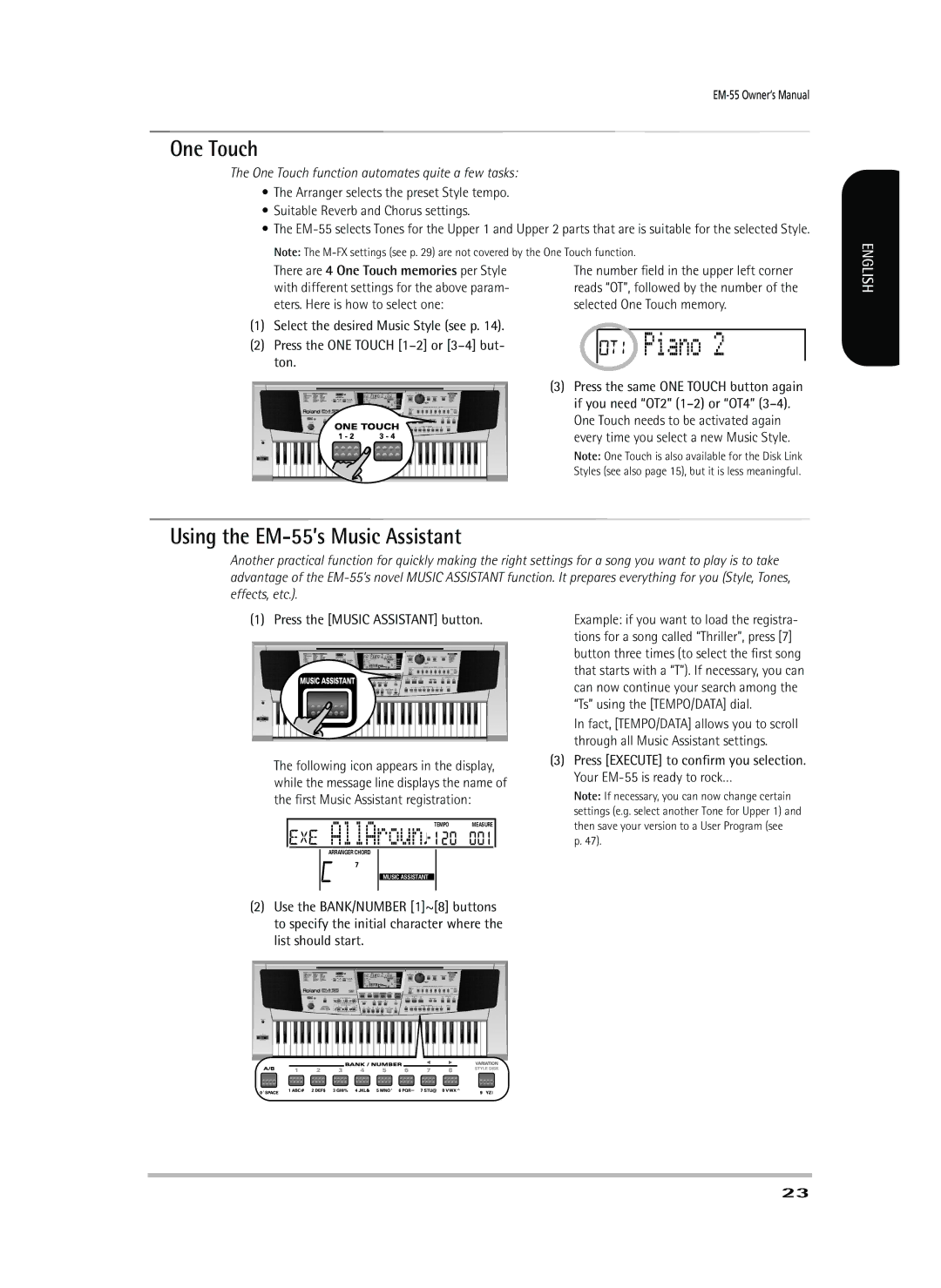 Roland owner manual One Touch, Using the EM-55’s Music Assistant, Press the Music Assistant button 