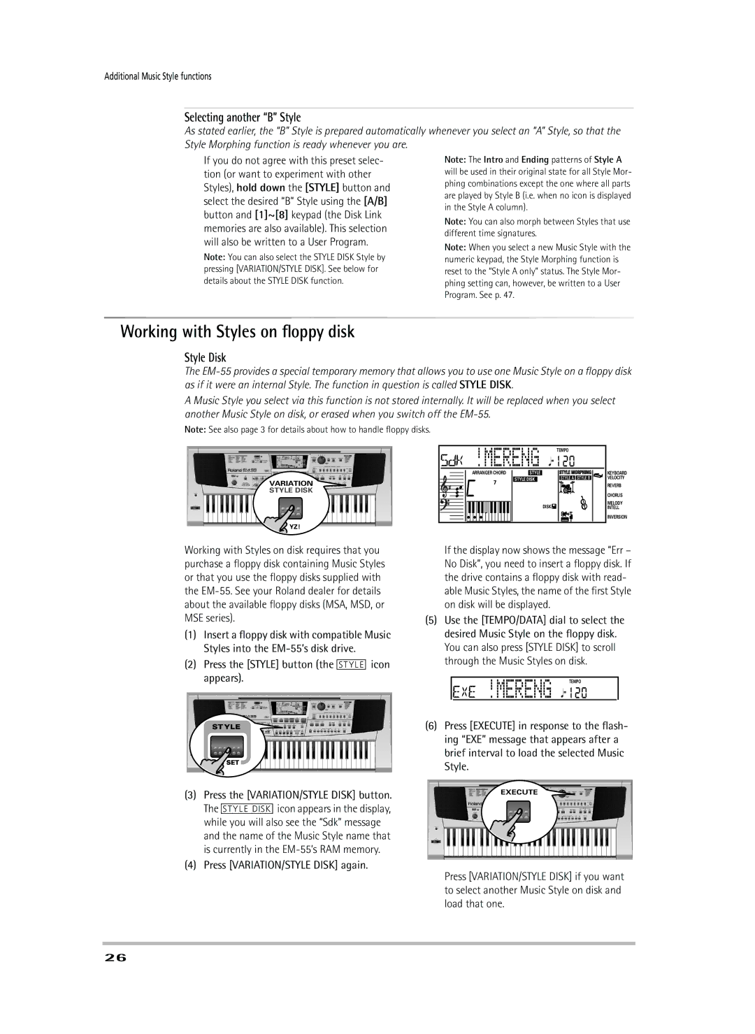 Roland EM-55 Working with Styles on ﬂoppy disk, Selecting another B Style, Style Disk, Press VARIATION/STYLE Disk again 