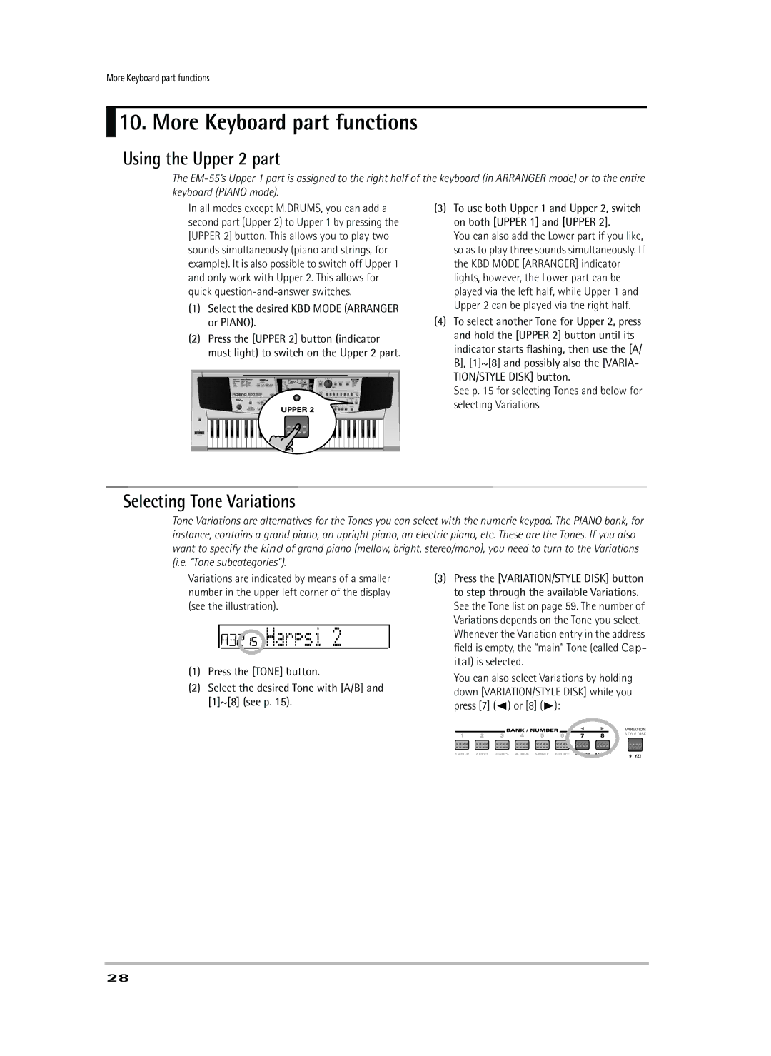 Roland EM-55 owner manual Harpsi, More Keyboard part functions, Using the Upper 2 part, Selecting Tone Variations 