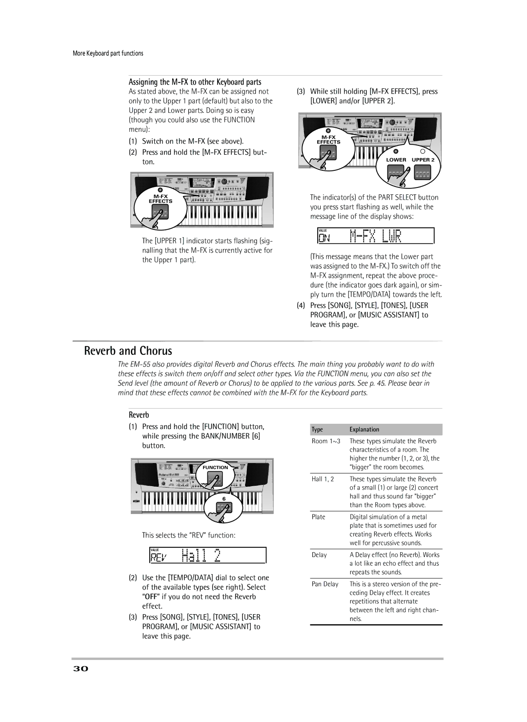 Roland EM-55 owner manual Value Hall, Reverb and Chorus, Assigning the M-FX to other Keyboard parts 