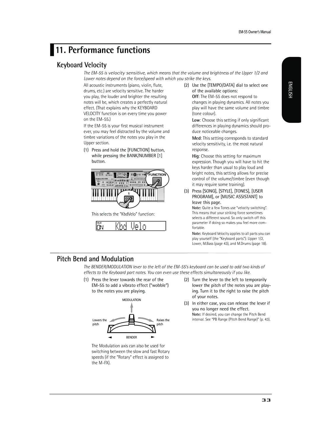 Roland EM-55 owner manual Value Kbd Velo, Performance functions, Keyboard Velocity, Pitch Bend and Modulation 