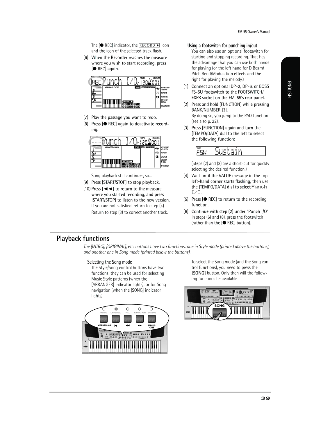 Roland EM-55 Value Sustain, Playback functions, Using a footswitch for punching in/out, Selecting the Song mode 