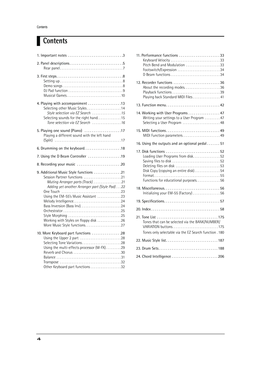 Roland EM-55 owner manual Contents 