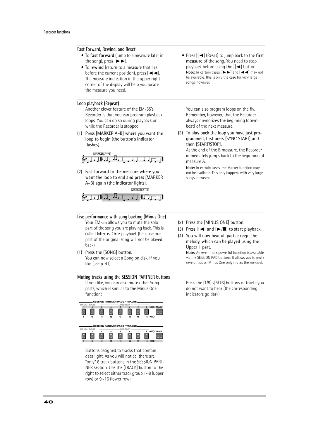 Roland EM-55 Fast Forward, Rewind, and Reset, Loop playback Repeat, Playback before using the √ button, Upper 1 part 