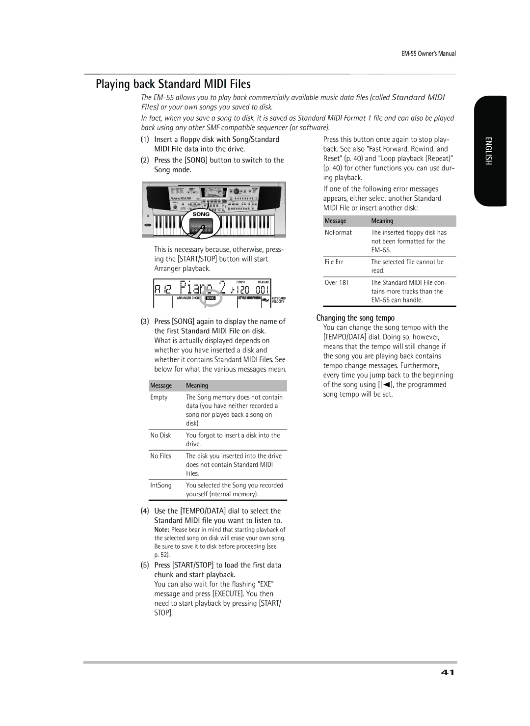 Roland EM-55 Playing back Standard Midi Files, Changing the song tempo, Press the Song button to switch to the Song mode 