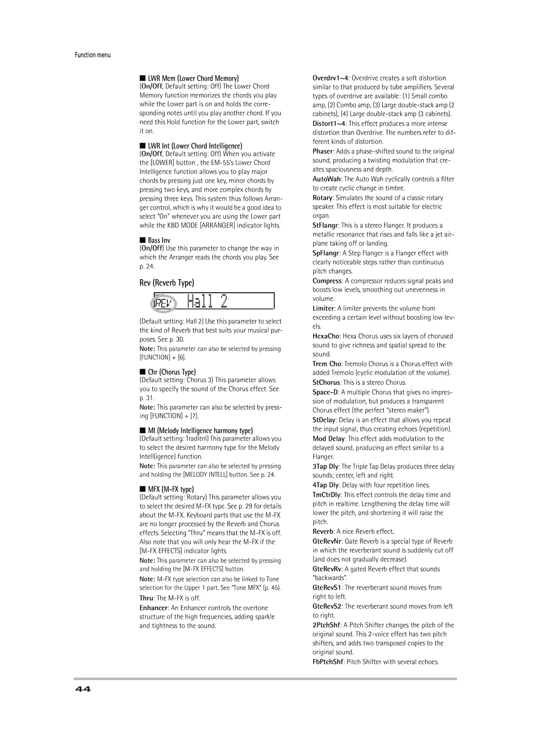 Roland EM-55 owner manual Rev Reverb Type 