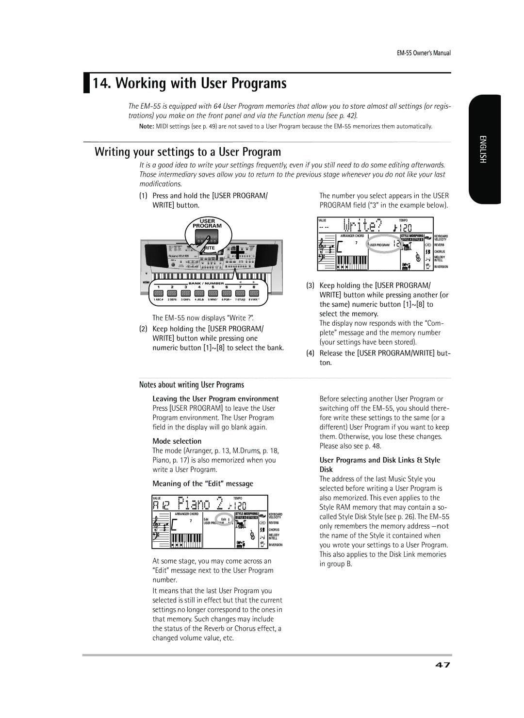 Roland EM-55 owner manual Working with User Programs, Writing your settings to a User Program, Mode selection 