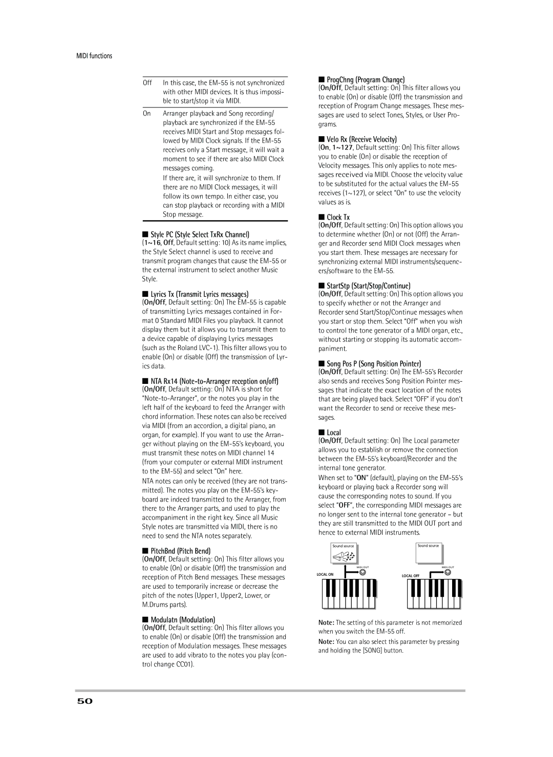 Roland EM-55 Style PC Style Select TxRx Channel, Lyrics Tx Transmit Lyrics messages, PitchBnd Pitch Bend, Clock Tx, Local 