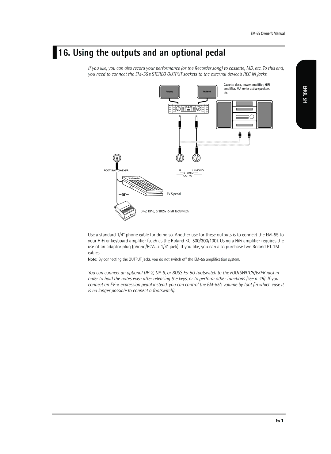 Roland EM-55 owner manual Using the outputs and an optional pedal 