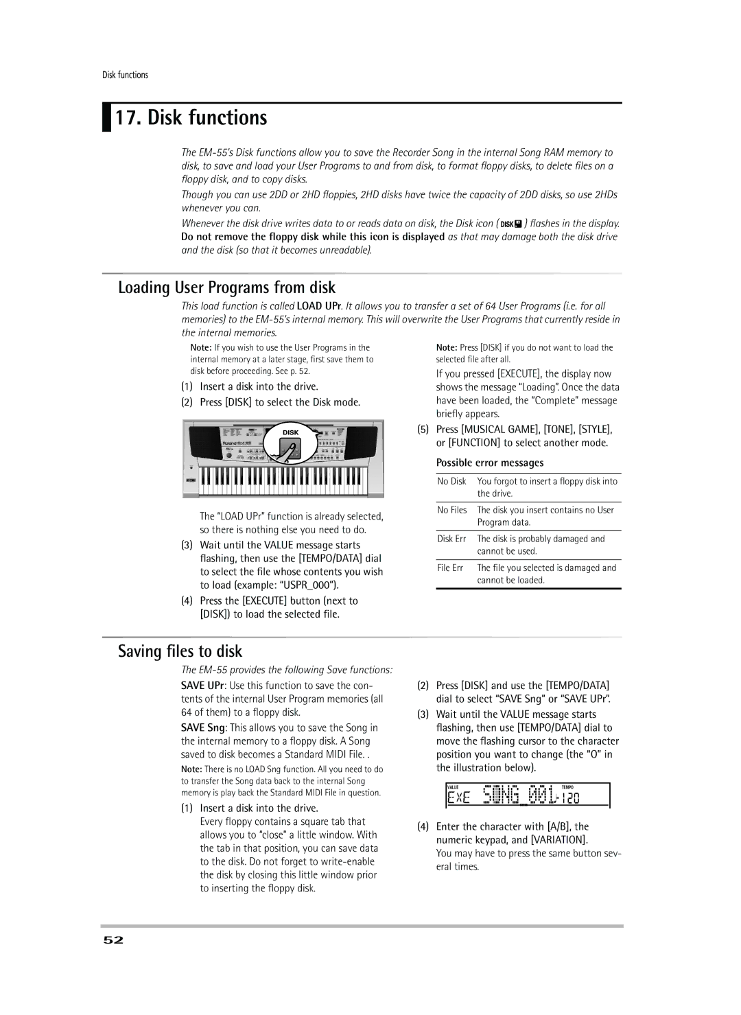 Roland EM-55 owner manual Disk functions, Loading User Programs from disk, Saving ﬁles to disk, Possible error messages 