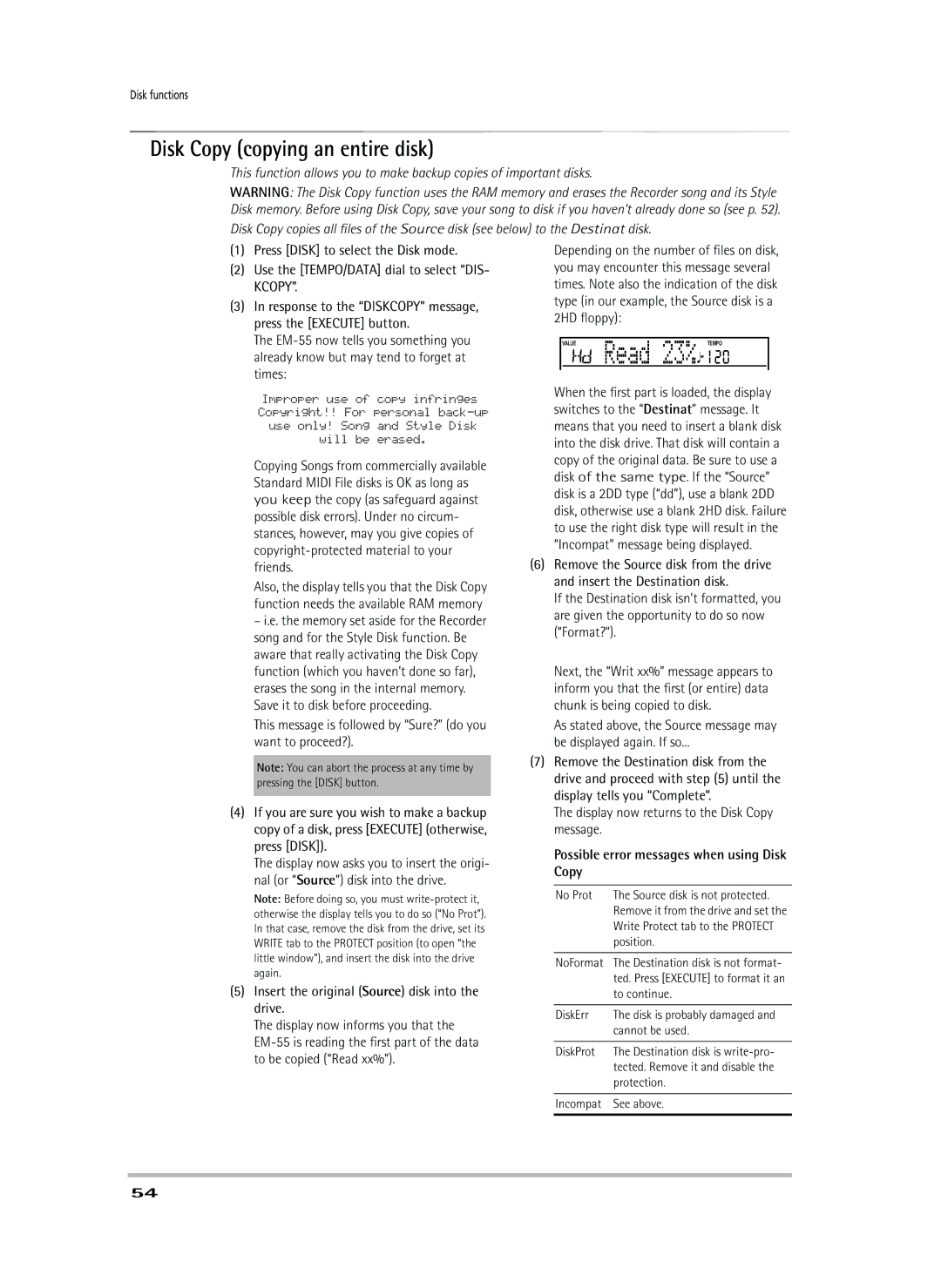 Roland EM-55 owner manual Disk Copy copying an entire disk, Possible error messages when using Disk Copy 