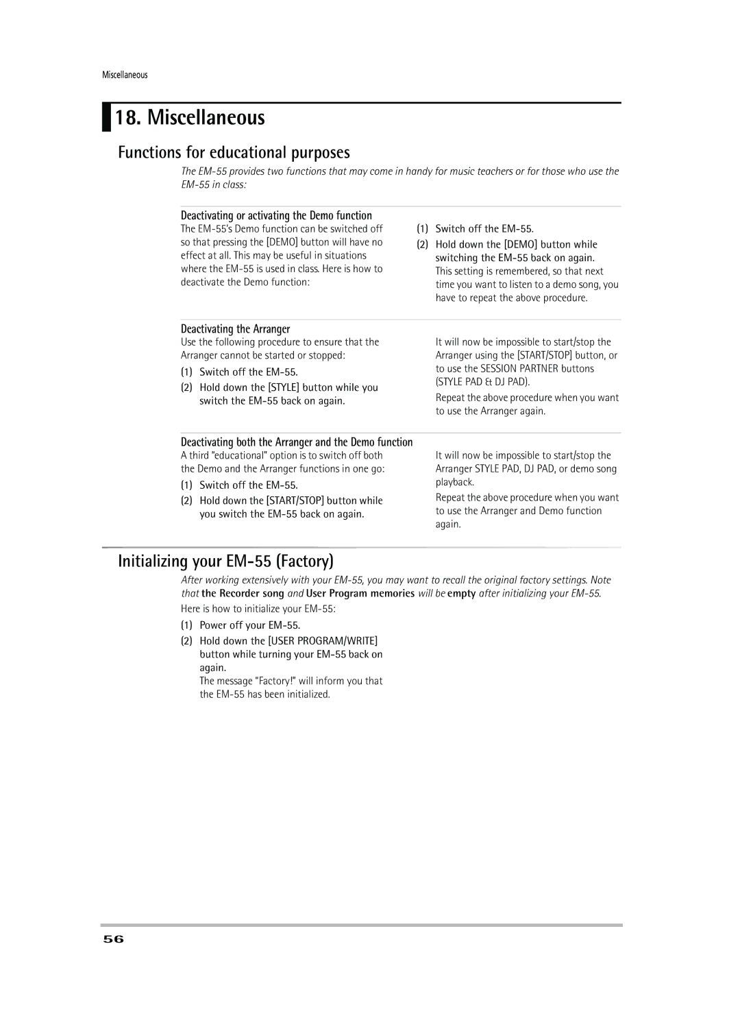Roland Miscellaneous, Functions for educational purposes, Initializing your EM-55 Factory, Deactivating the Arranger 