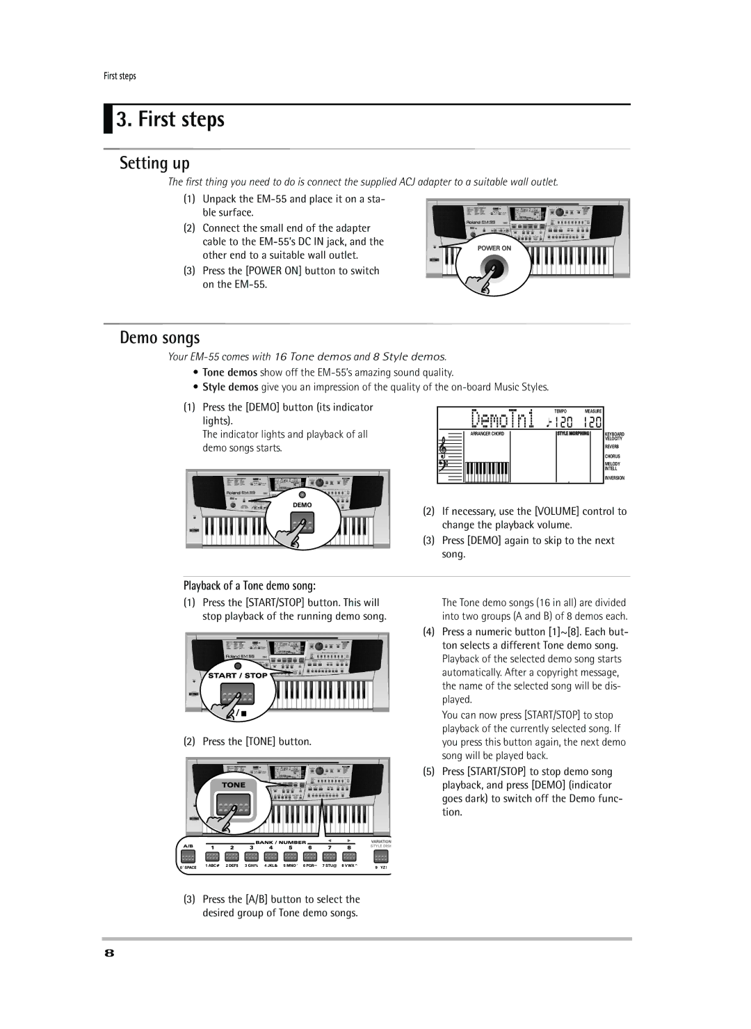 Roland EM-55 owner manual First steps, Setting up, Demo songs, Playback of a Tone demo song 