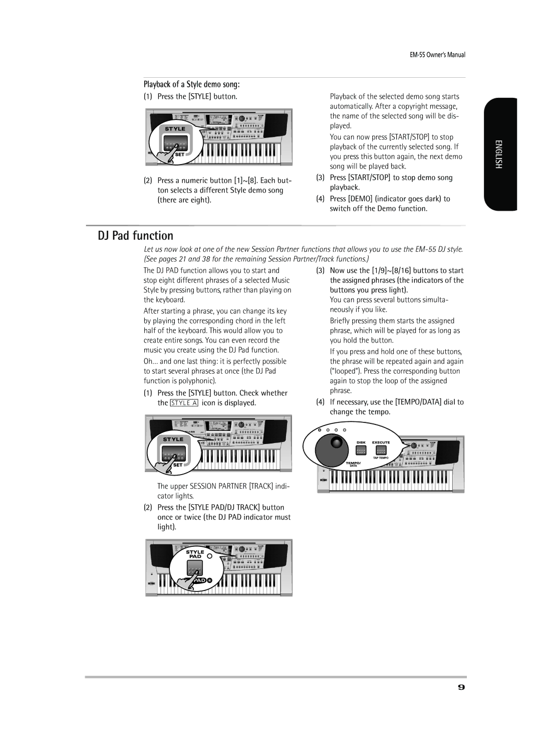 Roland EM-55 owner manual DJ Pad function, Playback of a Style demo song, Press START/STOP to stop demo song playback 