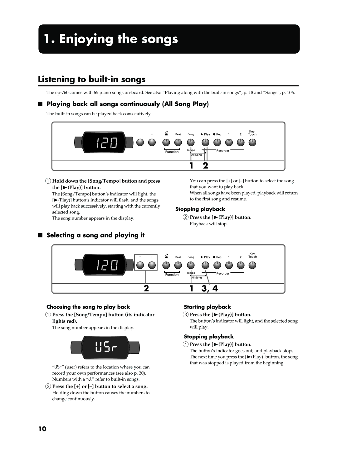 Roland EP-760 Usr, Enjoying the songs, Listening to built-in songs, Playing back all songs continuously All Song Play 