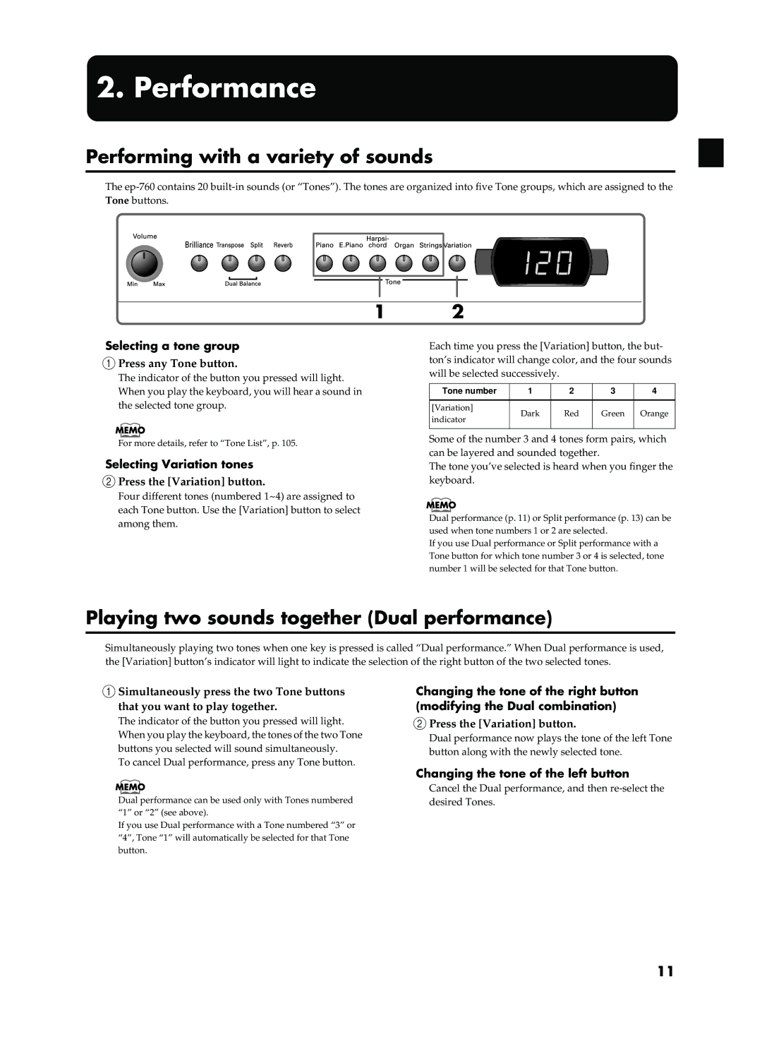 Roland EP-760 owner manual Performance, Performing with a variety of sounds, Playing two sounds together Dual performance 