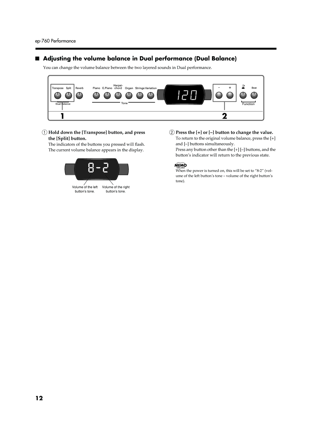 Roland EP-760 Hold down the Transpose button, and press the Split button, Press the + or button to change the value 