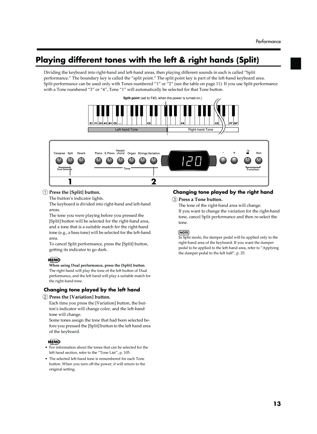 Roland EP-760 Playing different tones with the left & right hands Split, Press the Split button, Press a Tone button 