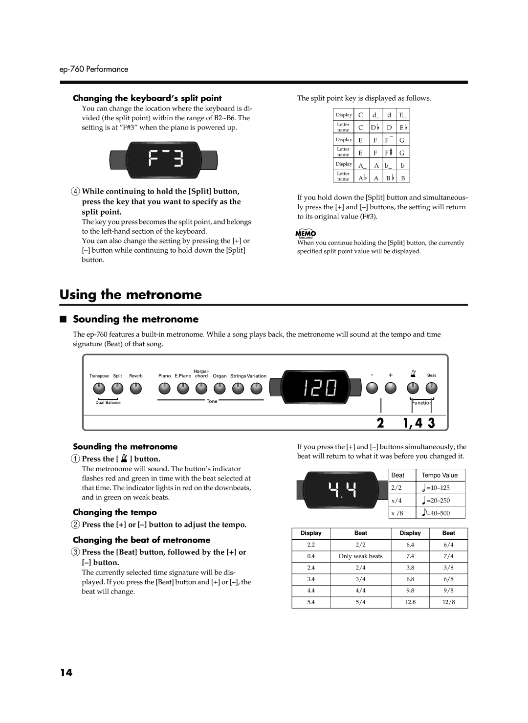 Roland EP-760 owner manual Using the metronome, Sounding the metronome 