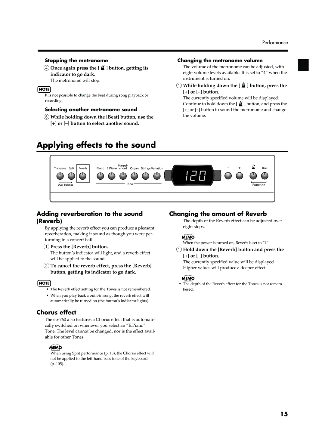 Roland EP-760 Applying effects to the sound, Adding reverberation to the sound Reverb, Changing the amount of Reverb 