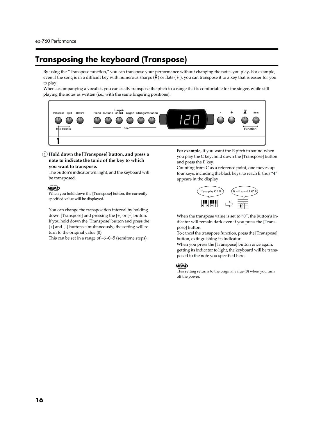 Roland EP-760 owner manual Transposing the keyboard Transpose 