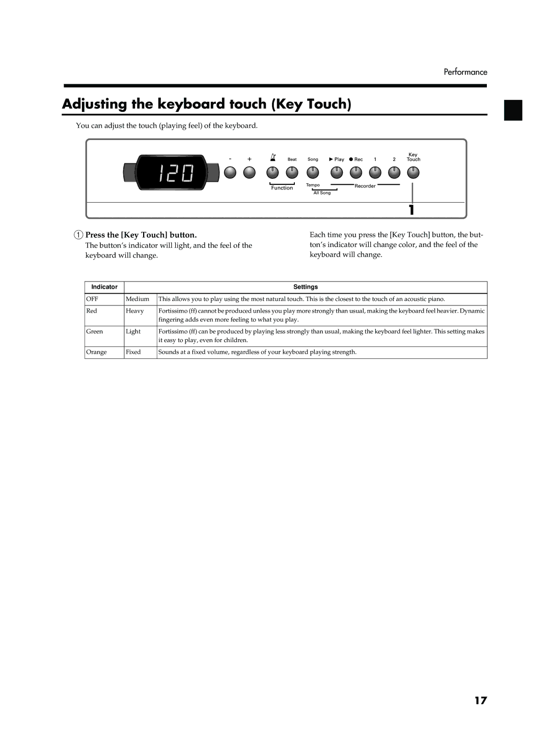 Roland EP-760 owner manual Adjusting the keyboard touch Key Touch, Press the Key Touch button 