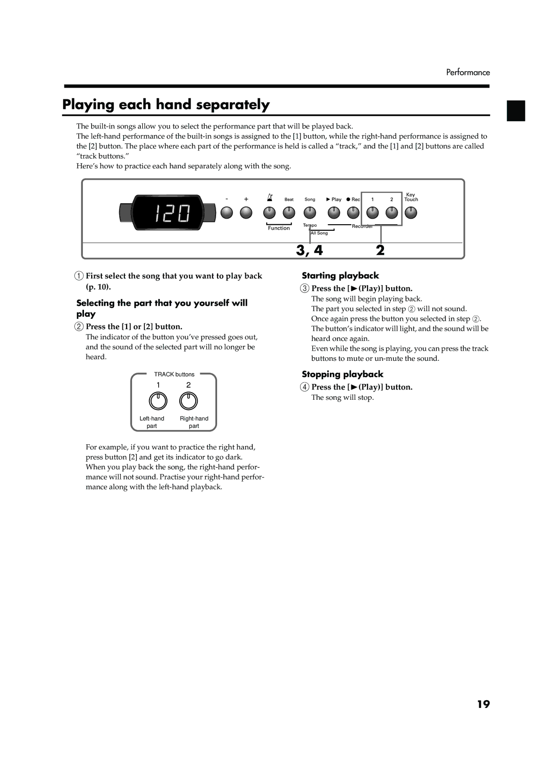 Roland EP-760 Playing each hand separately, First select the song that you want to play back p, Press the 1 or 2 button 