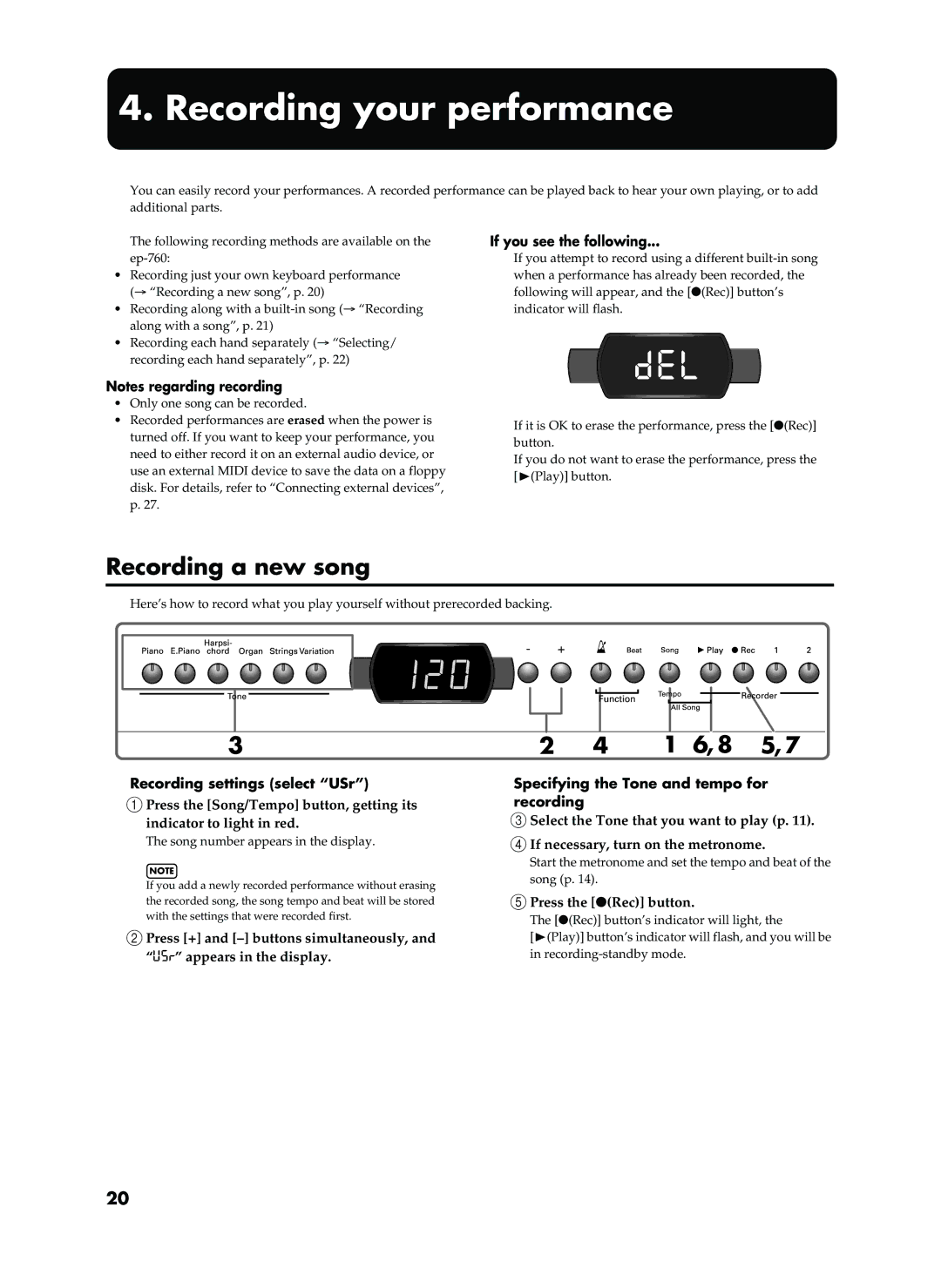 Roland EP-760 owner manual Del, Recording your performance, Recording a new song 