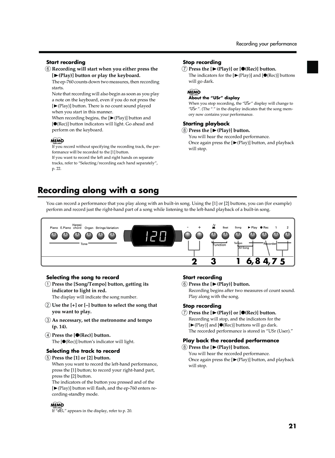 Roland EP-760 owner manual Recording along with a song, 4, 7 