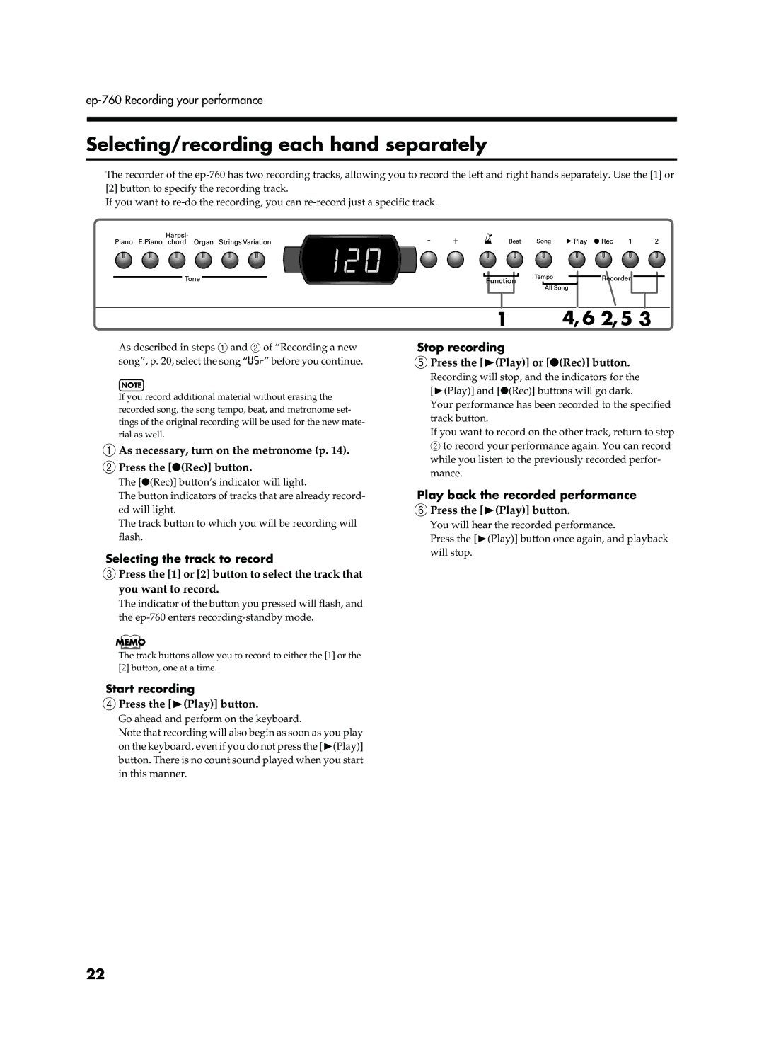 Roland EP-760 Selecting/recording each hand separately, 2, 5, As necessary, turn on the metronome p Press the Rec button 