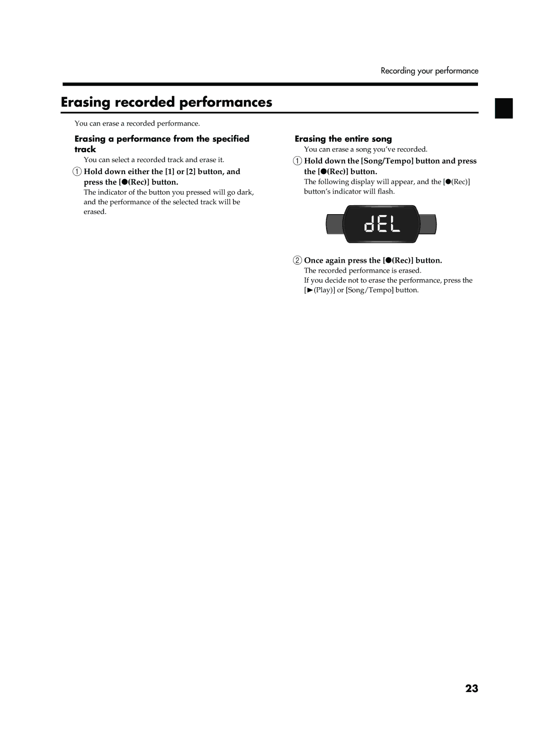 Roland EP-760 Erasing recorded performances, Erasing a performance from the specified track, Erasing the entire song 