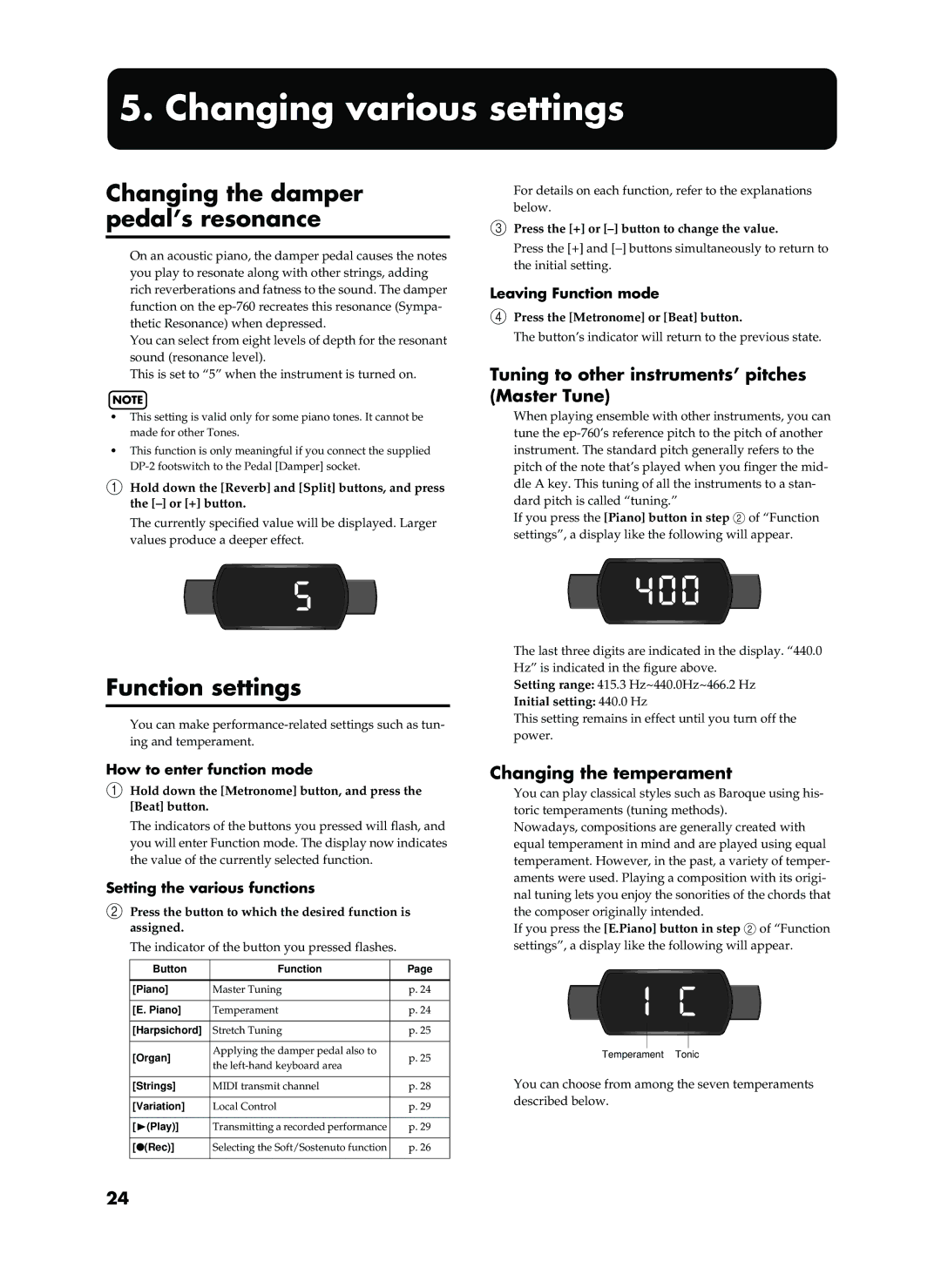 Roland EP-760 owner manual 5400, Changing various settings, Changing the damper pedal’s resonance, Function settings 