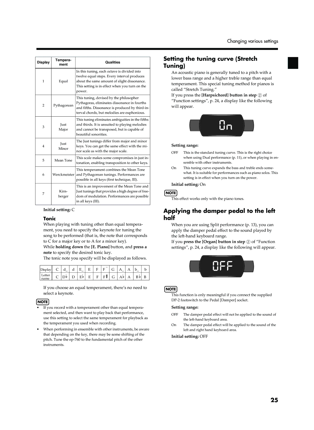 Roland EP-760 owner manual 0ff, Setting the tuning curve Stretch Tuning, Applying the damper pedal to the left half, Tonic 