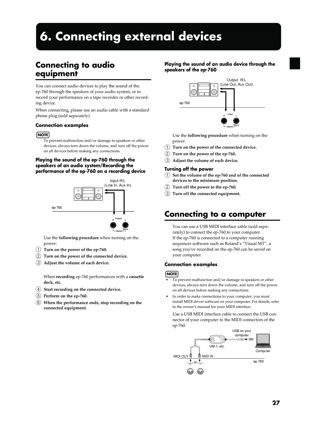 Roland EP-760 Connecting external devices Connecting external devices, Connecting to audio equipment, Connection examples 