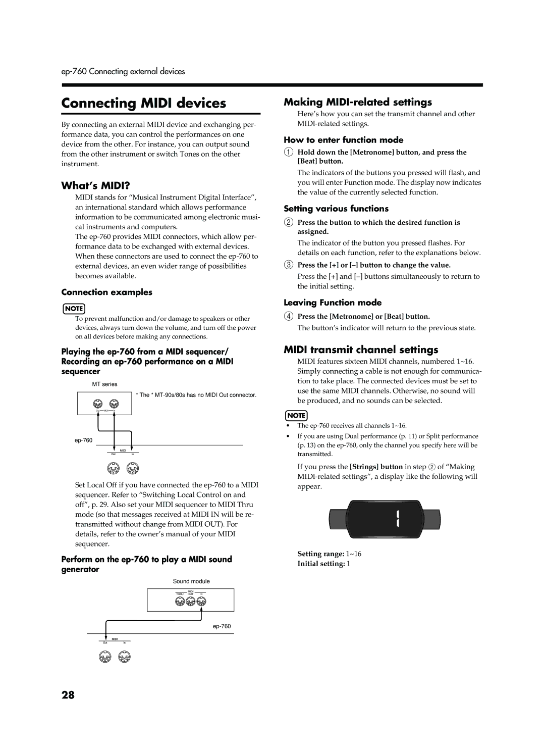 Roland EP-760 Connecting Midi devices, What’s MIDI?, Making MIDI-related settings, Midi transmit channel settings 