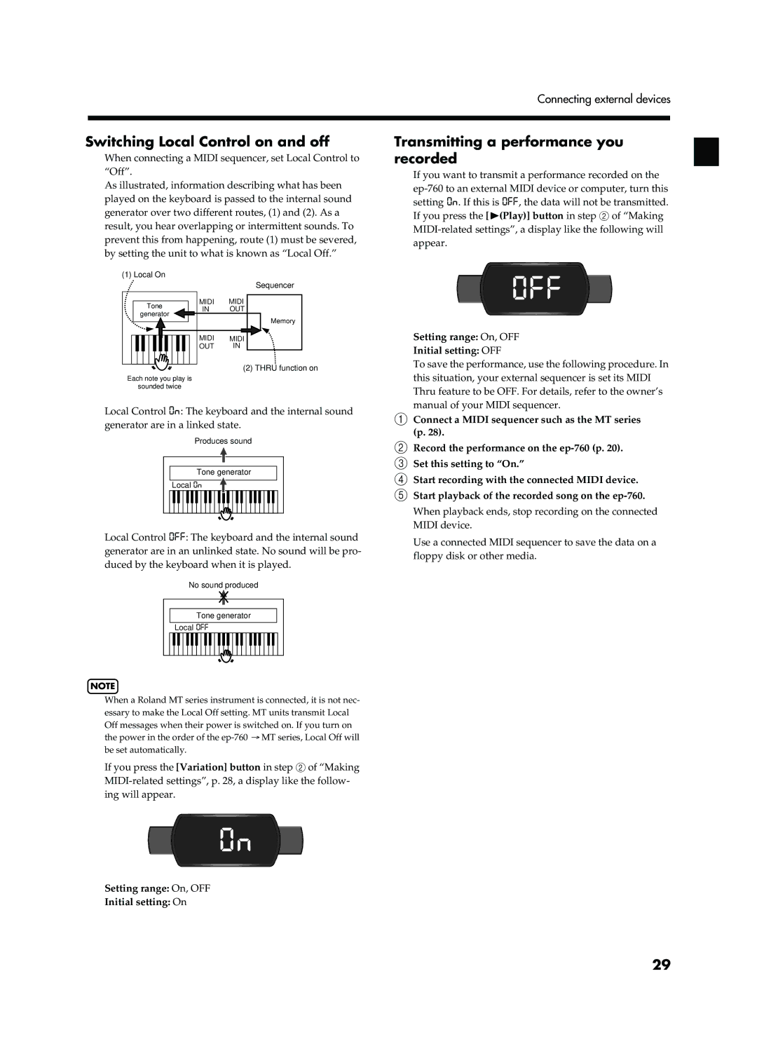 Roland EP-760 owner manual Switching Local Control on and off, Transmitting a performance you recorded 