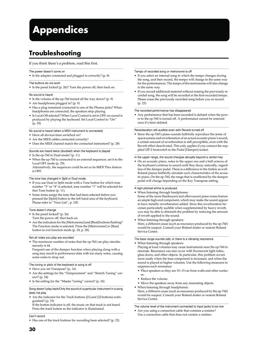 Roland EP-760 owner manual Appendices, Troubleshooting 