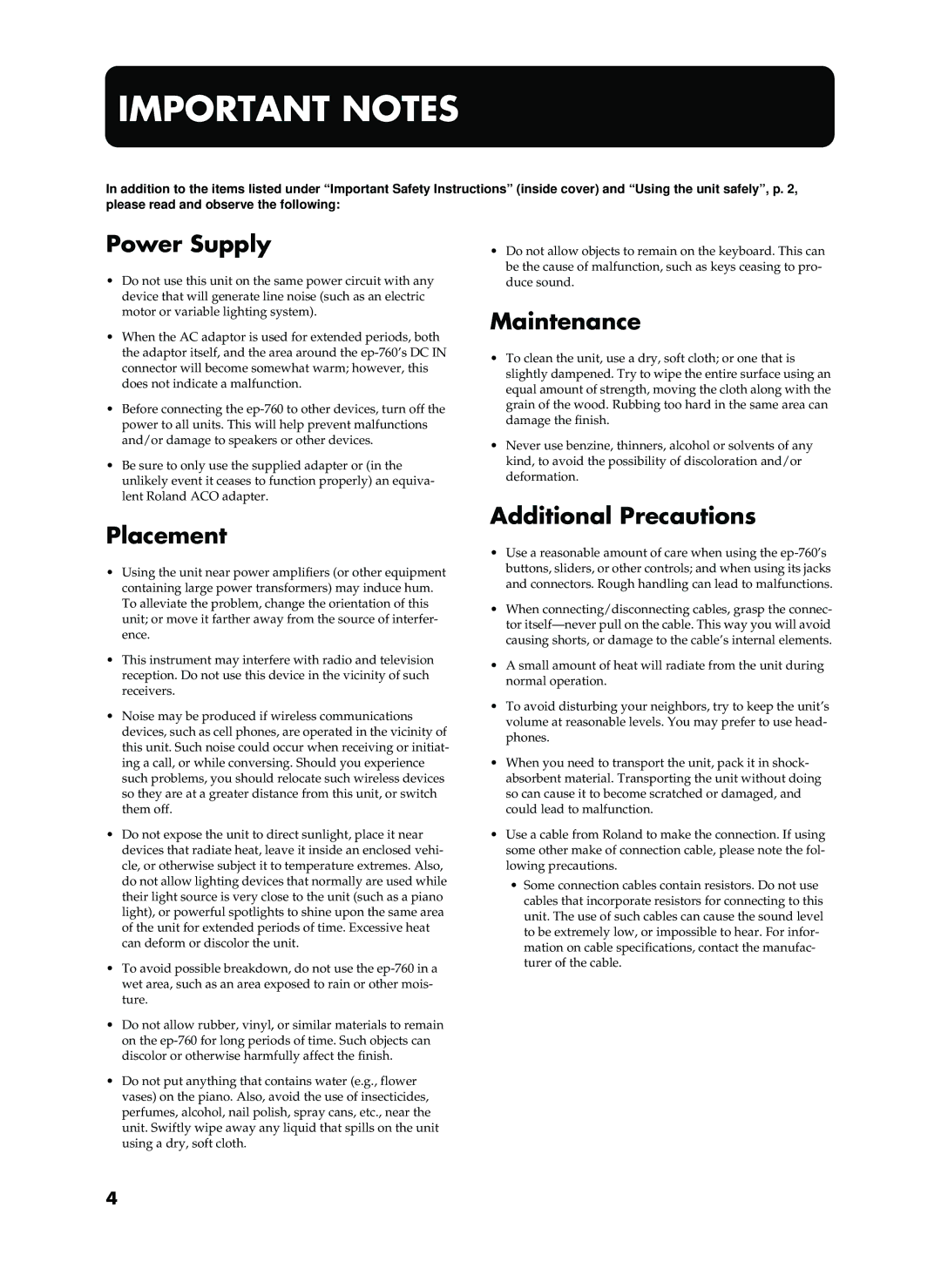 Roland EP-760 owner manual Power Supply, Maintenance, Placement, Additional Precautions 