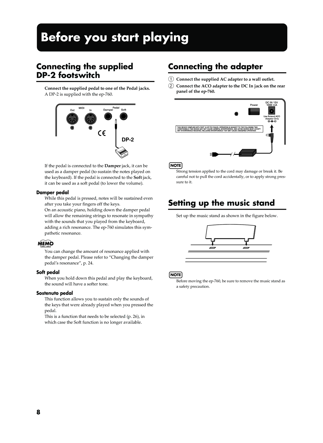 Roland EP-760 owner manual Before you start playing, Connecting the supplied DP-2 footswitch, Connecting the adapter 