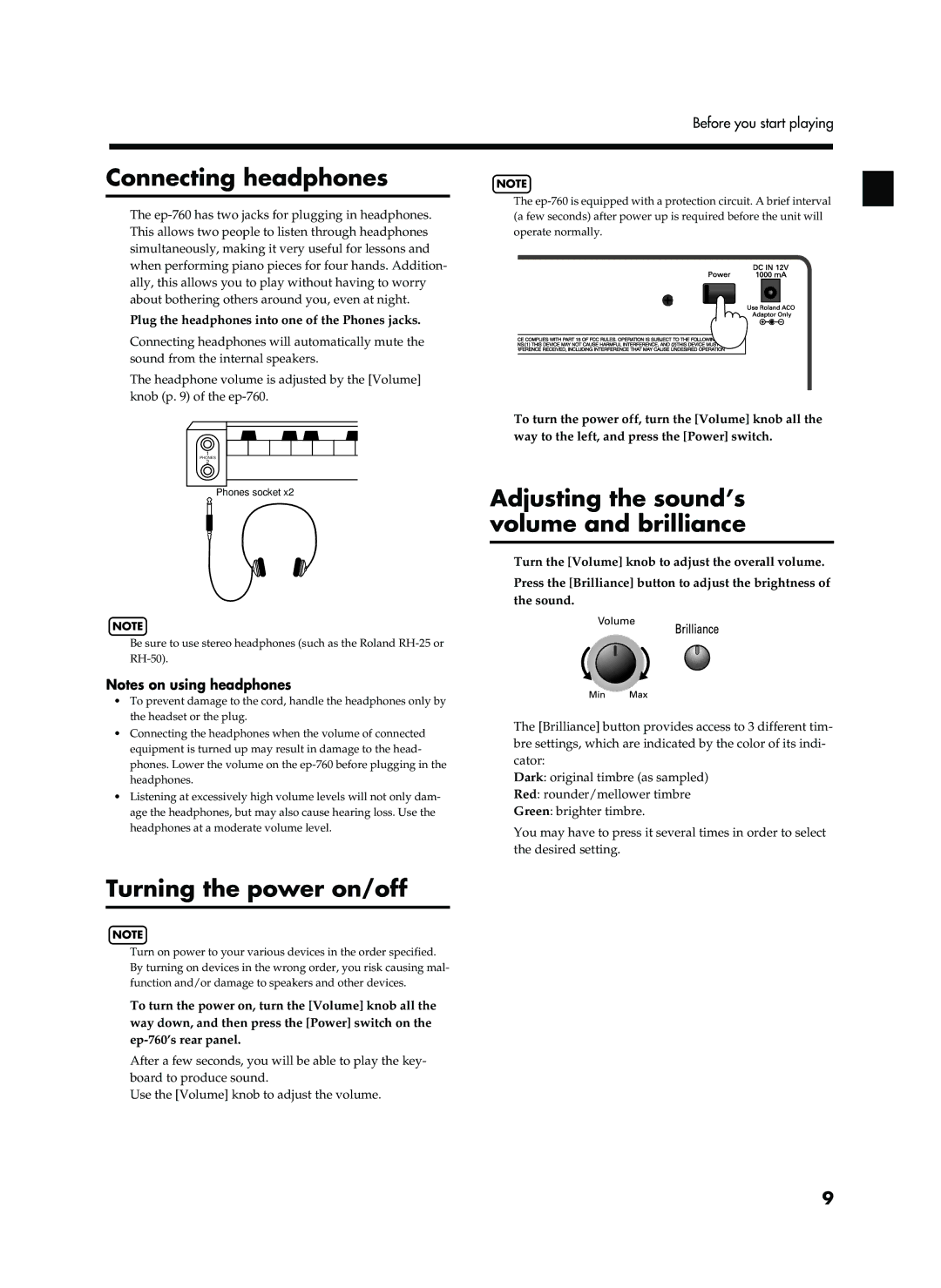 Roland EP-760 owner manual Connecting headphones, Turning the power on/off, Adjusting the sound’s volume and brilliance 