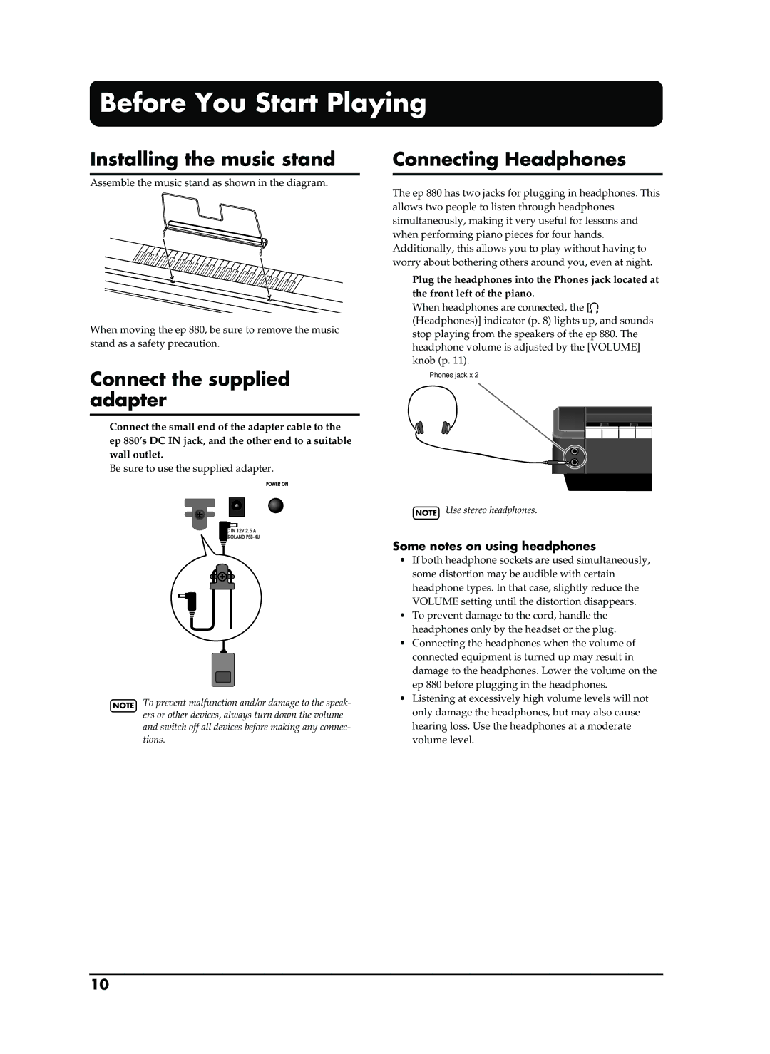 Roland EP-880 Before You Start Playing, Installing the music stand, Connect the supplied adapter, Connecting Headphones 