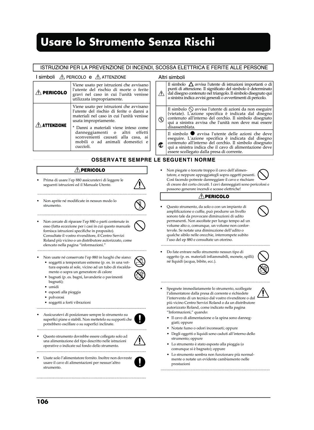 Roland EP-880 owner manual Usare lo Strumento Senza Rischi, 106 