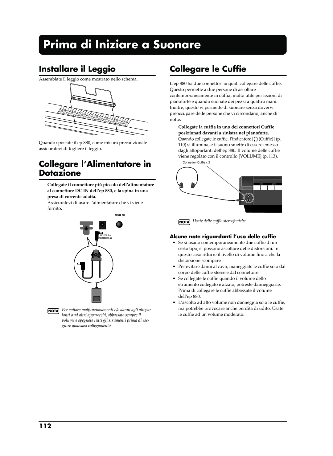 Roland EP-880 owner manual Prima di Iniziare a Suonare, Installare il Leggio, Collegare l’Alimentatore in Dotazione, 112 