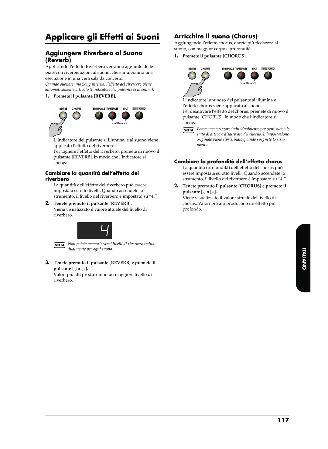 Roland EP-880 Applicare gli Effetti ai Suoni, Aggiungere Riverbero al Suono Reverb, Arricchire il suono Chorus, 117 