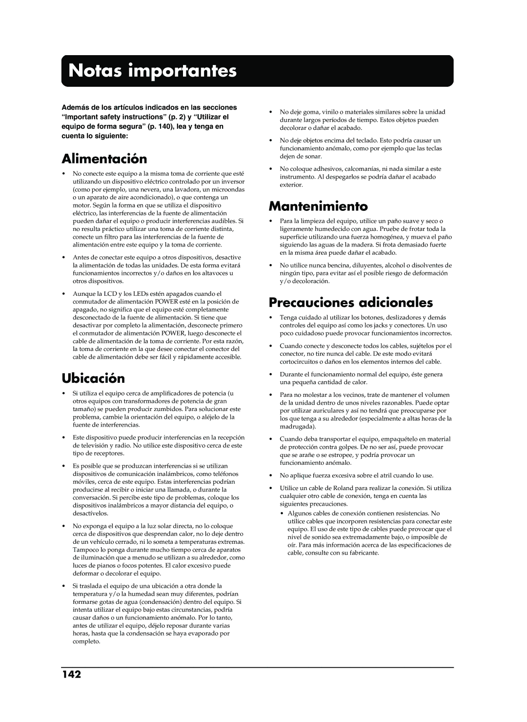 Roland EP-880 owner manual Notas importantes, Alimentación, Ubicación, Mantenimiento, Precauciones adicionales 