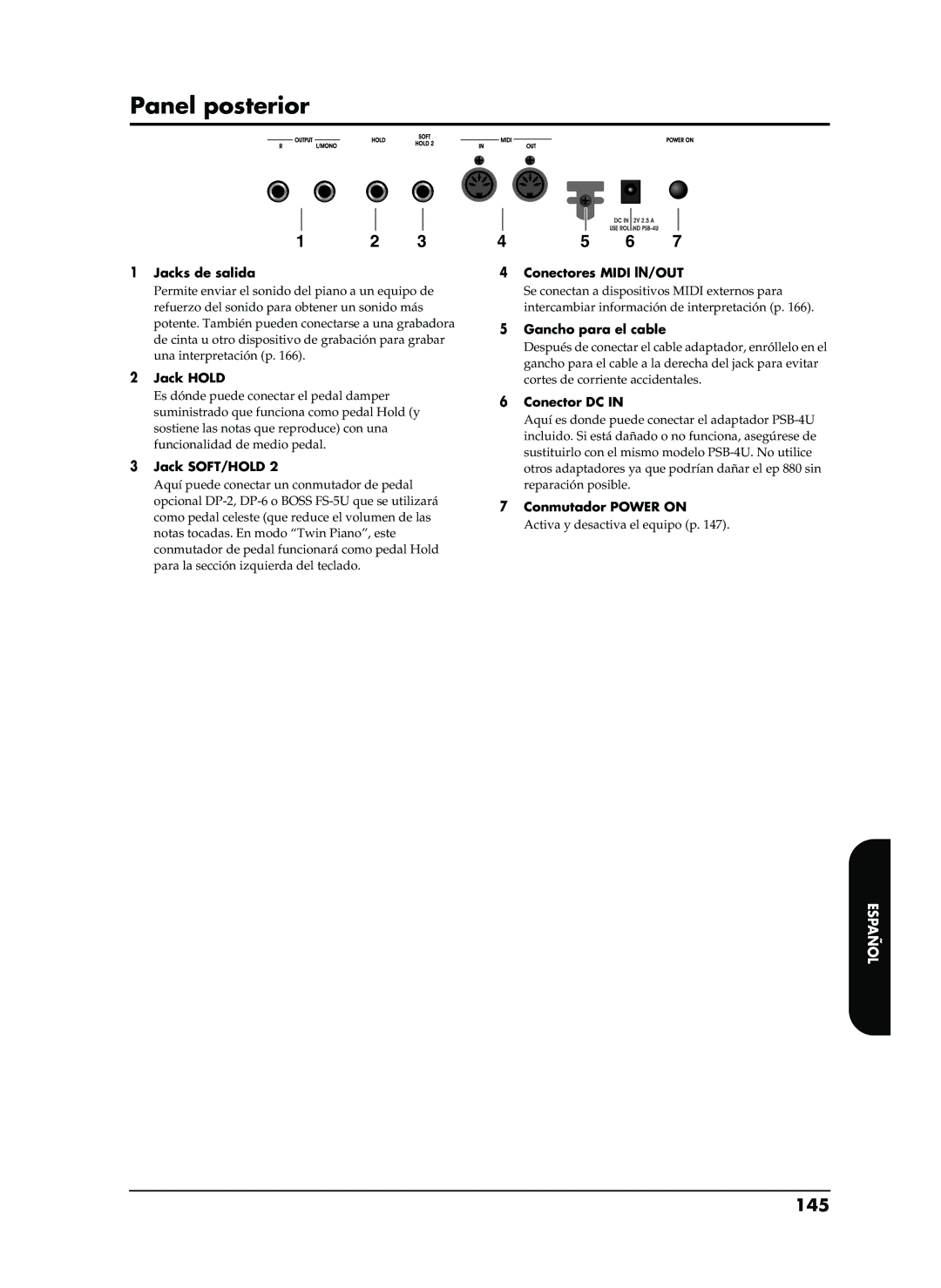 Roland EP-880 owner manual Panel posterior, 145 