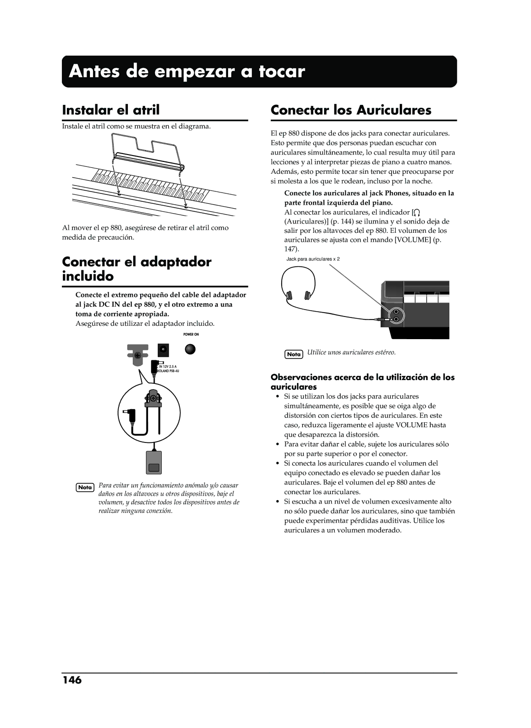 Roland EP-880 Antes de empezar a tocar, Instalar el atril, Conectar el adaptador incluido, Conectar los Auriculares, 146 