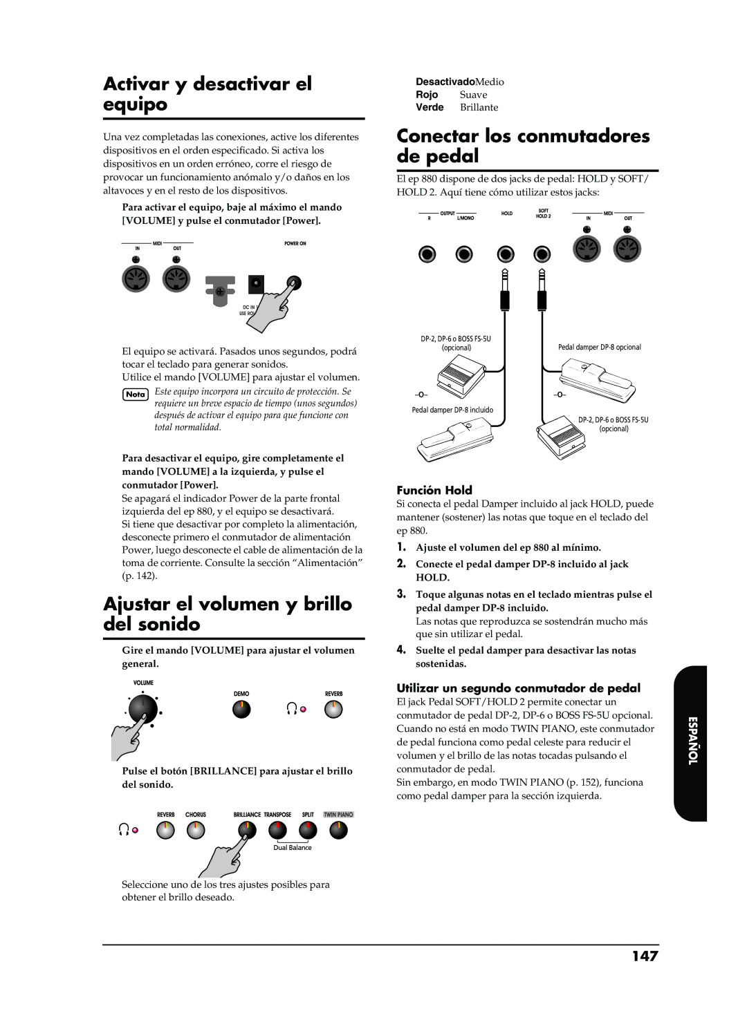 Roland EP-880 Activar y desactivar el equipo, Conectar los conmutadores de pedal, Ajustar el volumen y brillo del sonido 